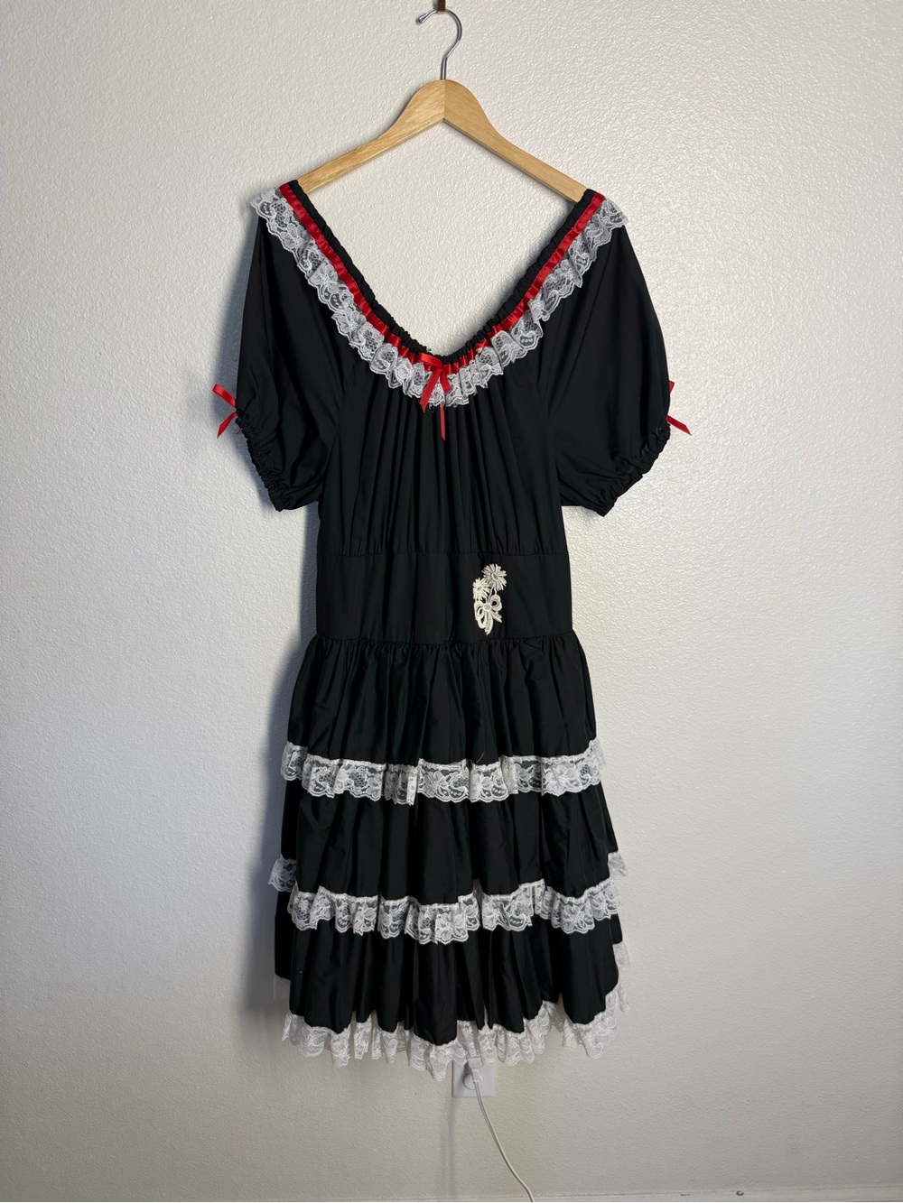 V-Neck Black Midi Dress with White Lace and Red Ribbon, French maid costume